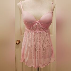 Pink Sheer Babydoll Chemise Lingerie Slip Dress w Lace Bodice.